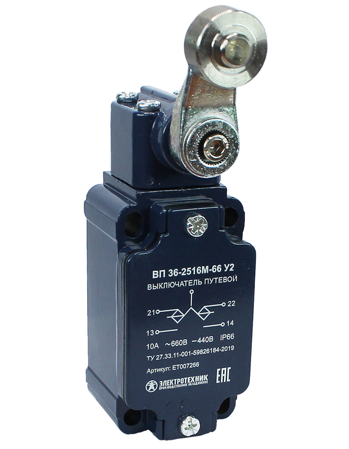 ВП 36-2516М-66 У2 (XCKJ50513H29),рычаг стальн. ролик,1з+1р,полумгнов.,30х60мм,б/сальн.,3А,IP66 (ЭТ)