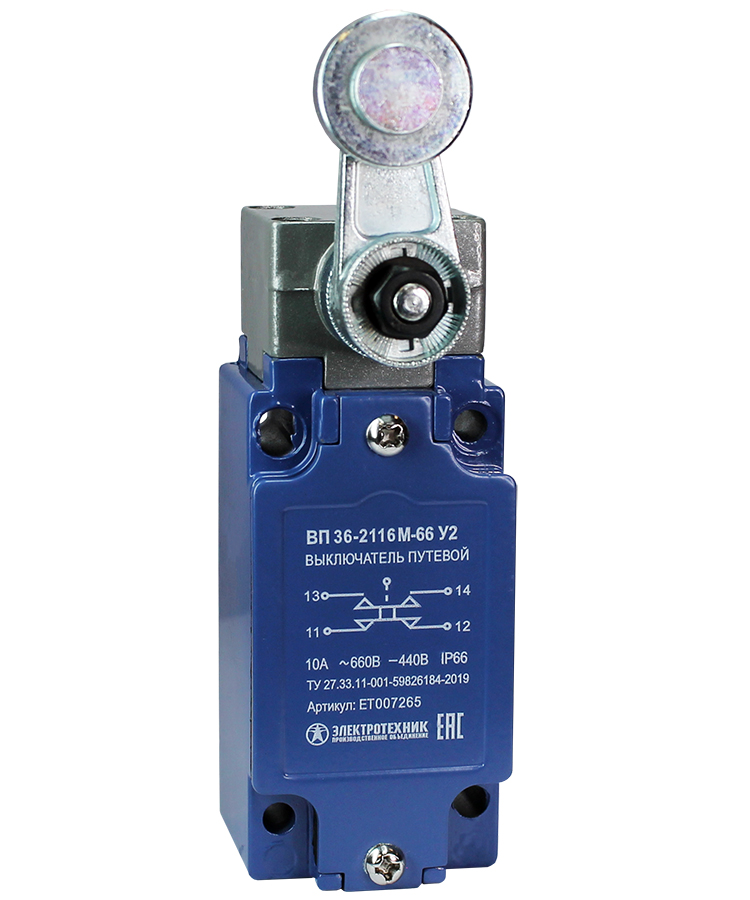 ВП 36-2116М-66 У2 (XCKJ10513H29),рычаг стальн.ролик,1з+1р,мгнов.,30х60мм,б/сальника,3А,IP66  (ЭТ)