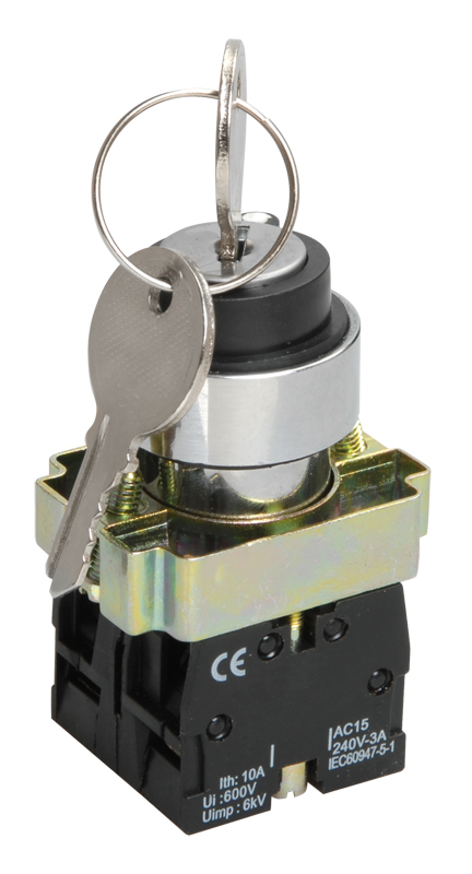 LAY5-BG25, 1НО+1НЗ, на 2 положения замок с ключом I-O, хром, d22мм  (ЭТ)